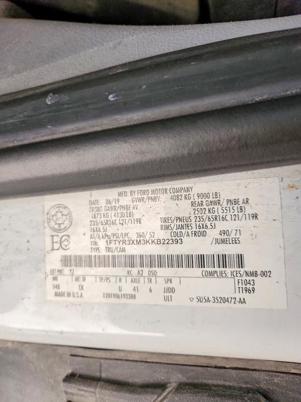 Продаж на аукціоні авто 2019 Ford Transit, vin: 1FTYR3XM3KKB22393, номер лоту: 62284326