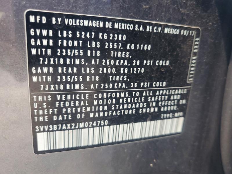 2018 Volkswagen Tiguan მანქანა იყიდება აუქციონზე, vin: 3VV3B7AX2JM024750, აუქციონის ნომერი: 64470986