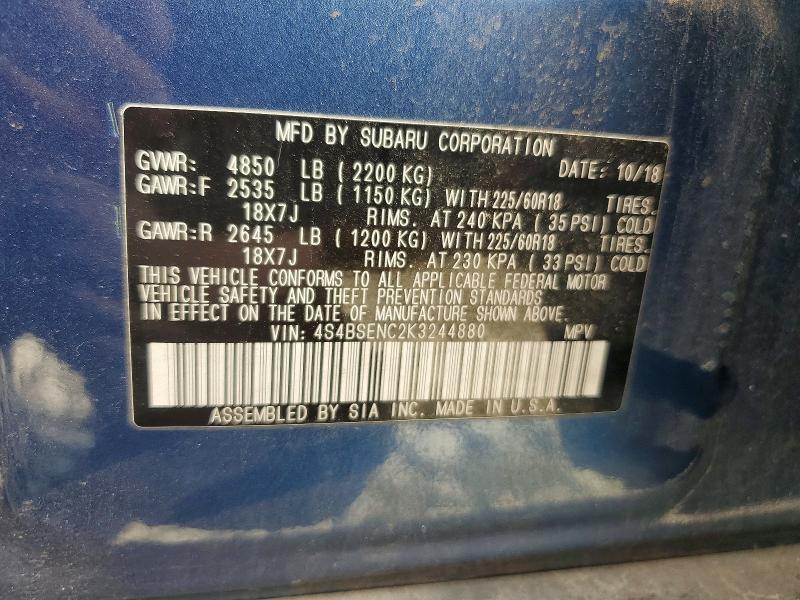 Aukcja sprzedaży 2019 Subaru Outback, vin: 4S4BSENC2K3244880, numer aukcji: 63450166