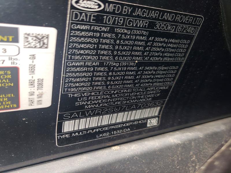 Aukcja sprzedaży 2020 Land Rover Range Rover Sport, vin: SALWR2SU7LA703632, numer aukcji: 65104656