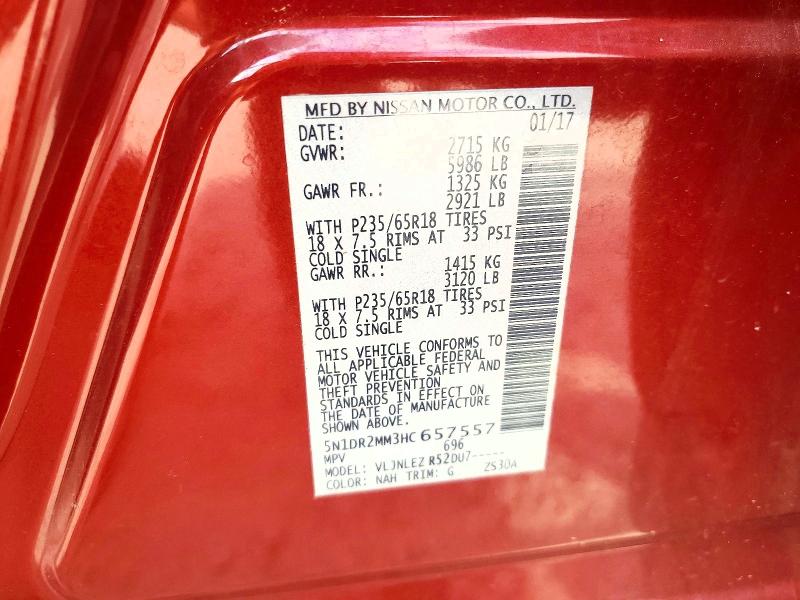 2017 Nissan Pathfinder მანქანა იყიდება აუქციონზე, vin: 5N1DR2MM3HC657557, აუქციონის ნომერი: 65285526