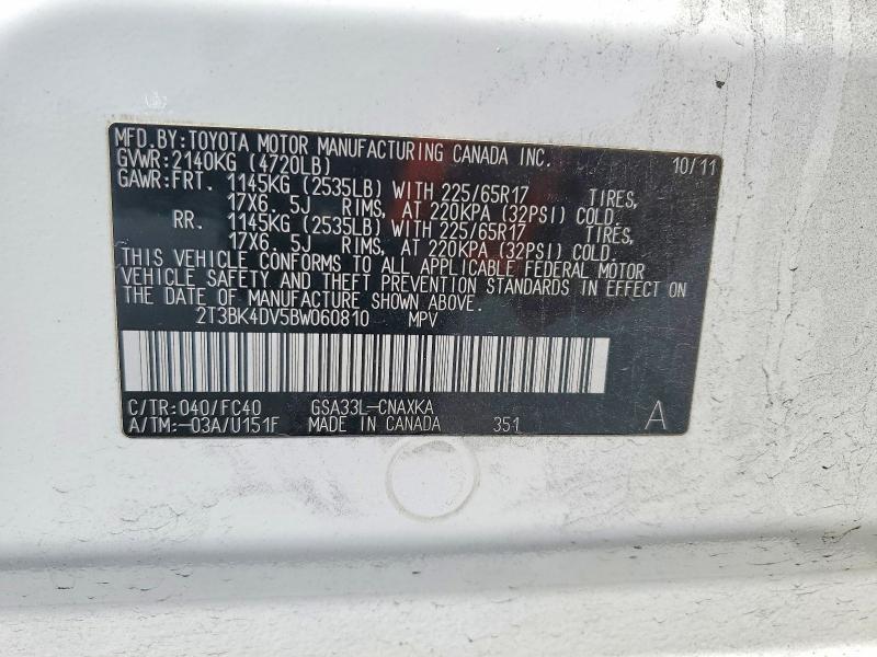 63802116 :رقم المزاد ، 2T3BK4DV5BW060810 vin ، 2011 Toyota Rav4 مزاد بيع