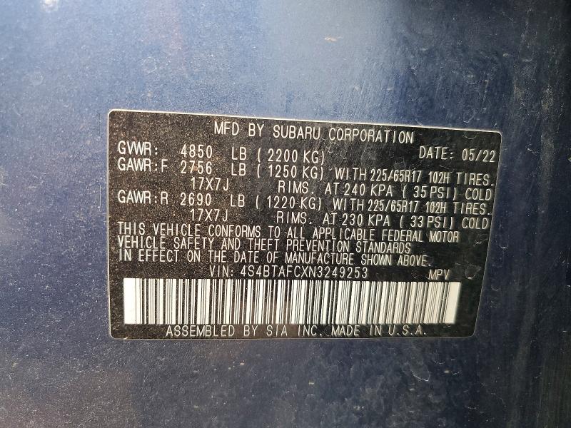 Aukcja sprzedaży 2022 Subaru Outback, vin: 4S4BTAFCXN3249253, numer aukcji: 65314326