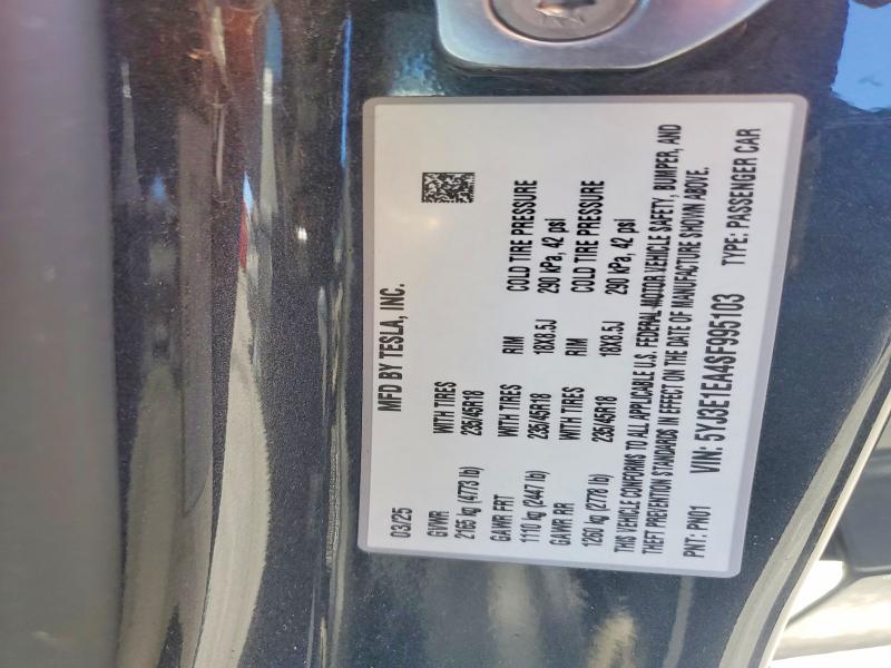63808896 :رقم المزاد ، 5YJ3E1EA4SF995103 vin ، 2025 Tesla Model 3 مزاد بيع