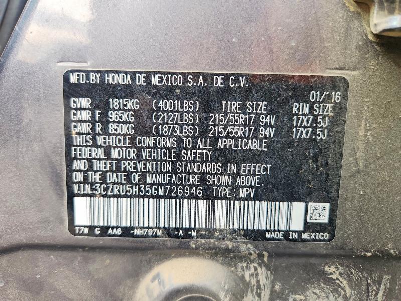 65961496 :رقم المزاد ، 3CZRU5H35GM726946 vin ، 2016 Honda Hr-v مزاد بيع