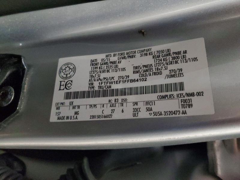 2015 Ford F150 მანქანა იყიდება აუქციონზე, vin: 1FTFW1EF1FFB64102, აუქციონის ნომერი: 63856646