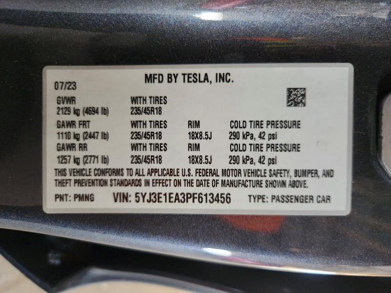 66486546 :رقم المزاد ، 5YJ3E1EA3PF613456 vin ، 2023 Tesla Model 3 مزاد بيع