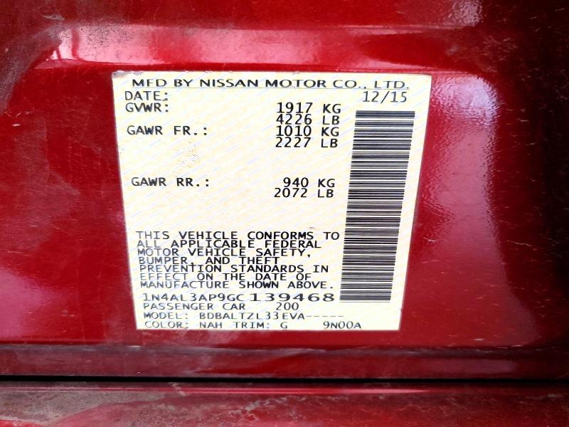 63662196 :رقم المزاد ، 1N4AL3AP9GC139468 vin ، 2016 Nissan Altima مزاد بيع