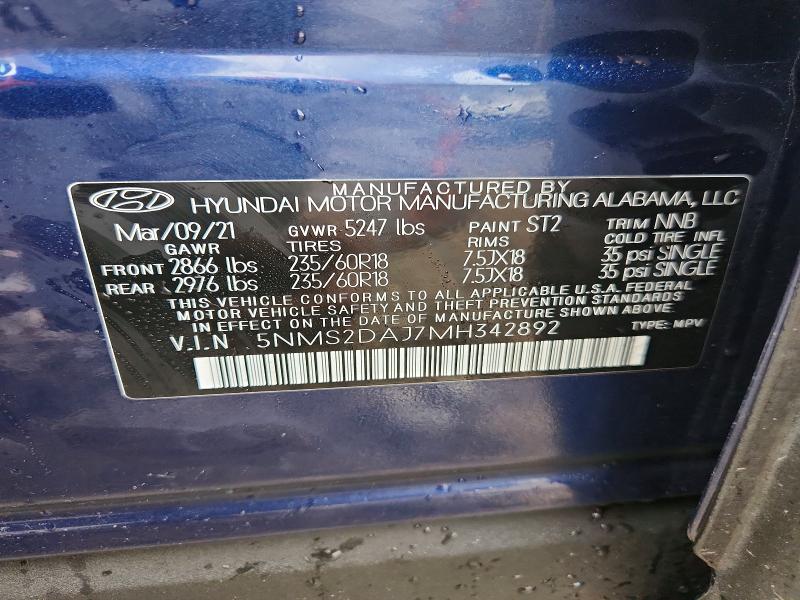 65123246 :رقم المزاد ، 5NMS2DAJ7MH342892 vin ، 2021 Hyundai Santa Fe مزاد بيع