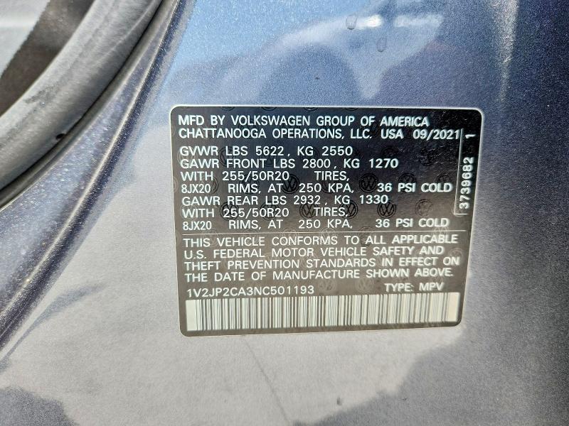 Продажа на аукционе авто 2022 Volkswagen Atlas, vin: 1V2JP2CA3NC501193, номер лота: 64646156