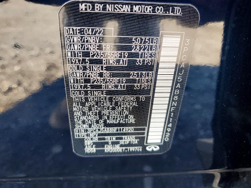 63417746 :رقم المزاد ، 3PCAJ5AB8NF114920 vin ، 2022 Infiniti Qx50 مزاد بيع