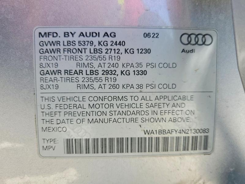 65360856 :رقم المزاد ، WA1BBAFY4N2130083 vin ، 2022 Audi Q5 مزاد بيع