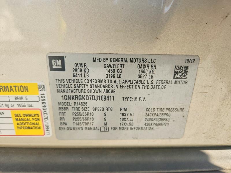 67139456 :رقم المزاد ، 1GNKRGKD7DJ109411 vin ، 2013 Chevrolet Traverse مزاد بيع
