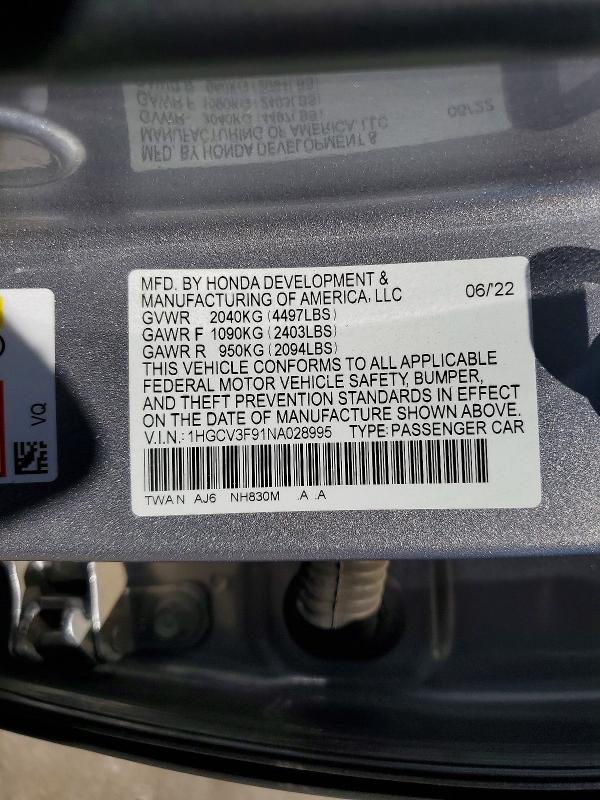 Aukcja sprzedaży 2022 Honda Accord, vin: 1HGCV3F91NA028995, numer aukcji: 65504896