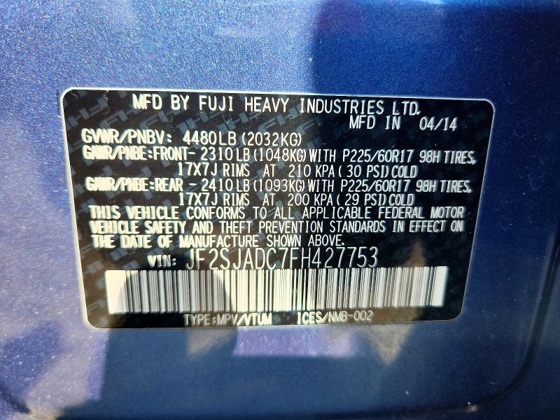 Продаж на аукціоні авто 2015 Subaru Forester, vin: JF2SJADC7FH427753, номер лоту: 66238216