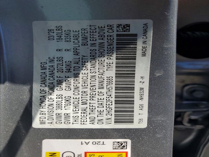 Продаж на аукціоні авто 2026 Honda Civic, vin: 2HGFE2F54TH576685, номер лоту: 64983396