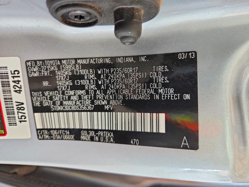 2013 Toyota Sienna მანქანა იყიდება აუქციონზე, vin: 5TDKK3DC8DS356367, აუქციონის ნომერი: 64518236