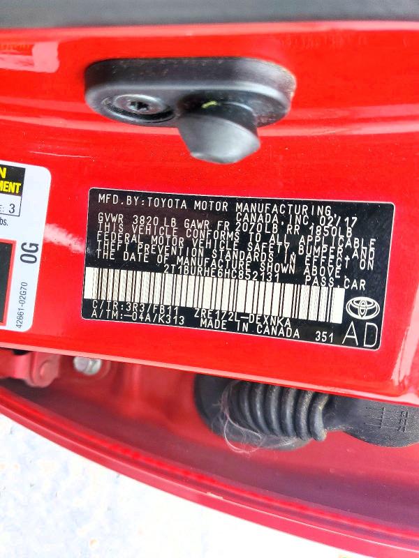 2017 Toyota Corolla მანქანა იყიდება აუქციონზე, vin: 2T1BURHE6HC852131, აუქციონის ნომერი: 64784936