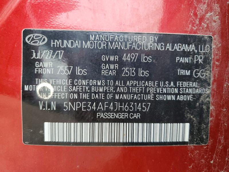 66243276 :رقم المزاد ، 5NPE34AF4JH631457 vin ، 2018 Hyundai Sonata Sel مزاد بيع