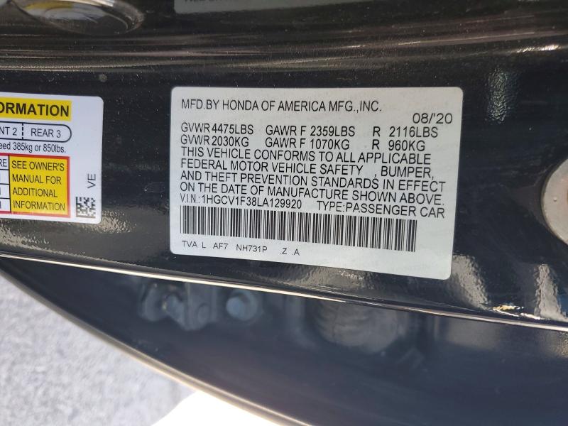 Aukcja sprzedaży 2020 Honda Accord, vin: 1HGCV1F38LA129920, numer aukcji: 64415436