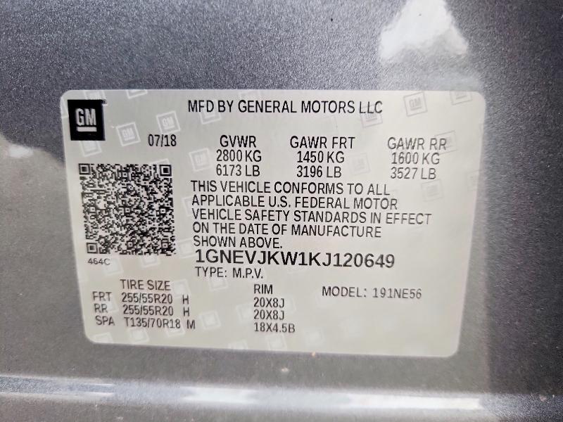 2019 Chevrolet Traverse მანქანა იყიდება აუქციონზე, vin: 1GNEVJKW1KJ120649, აუქციონის ნომერი: 64167076