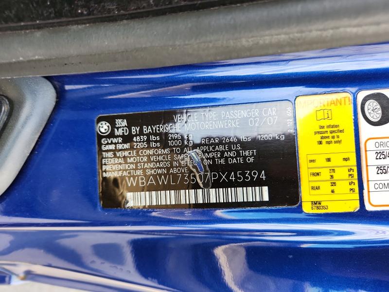 Продаж на аукціоні авто 2007 Bmw 335, vin: WBAWL73507PX45394, номер лоту: 63704716
