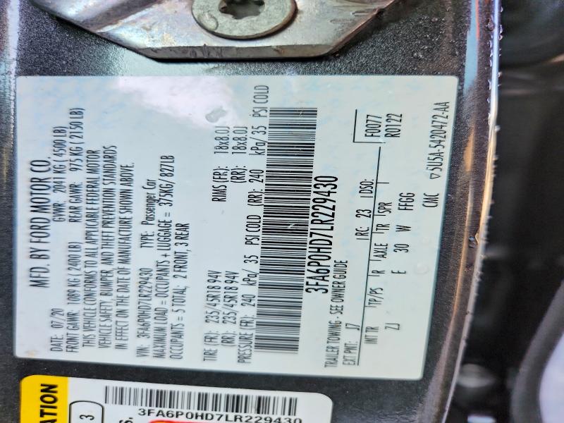 2020 Ford Fusion მანქანა იყიდება აუქციონზე, vin: 3FA6P0HD7LR229430, აუქციონის ნომერი: 64210216