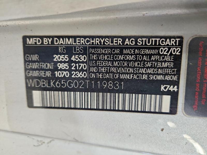 Продаж на аукціоні авто 2002 Mercedes-benz Clk, vin: WDBLK65G02T119831, номер лоту: 64968156