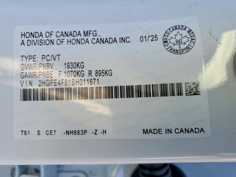 2025 Honda Civic მანქანა იყიდება აუქციონზე, vin: 2HGFE4F81SH011671, აუქციონის ნომერი: 62915466