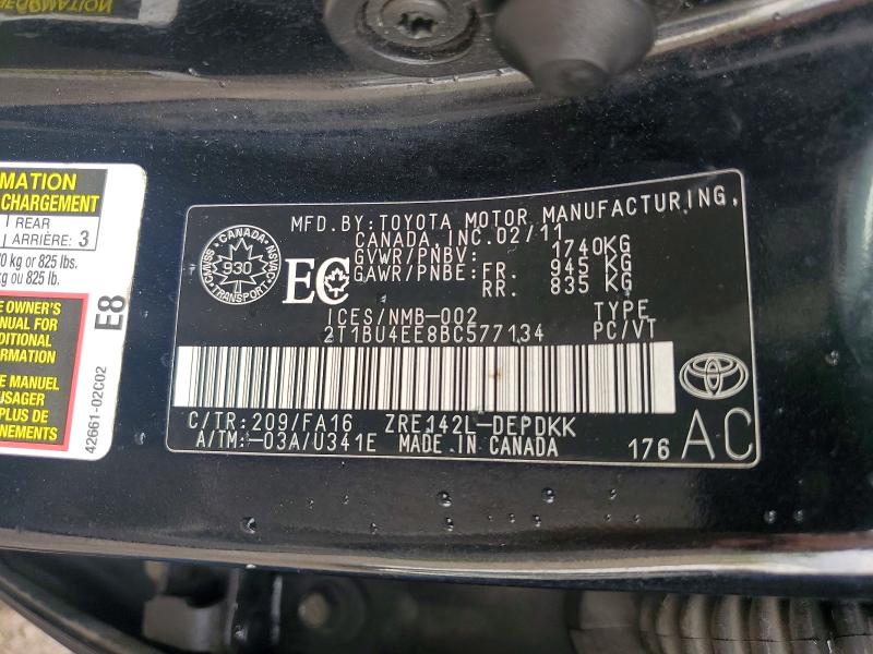 67163106 :رقم المزاد ، 2T1BU4EE8BC577134 vin ، 2011 Toyota Corolla مزاد بيع
