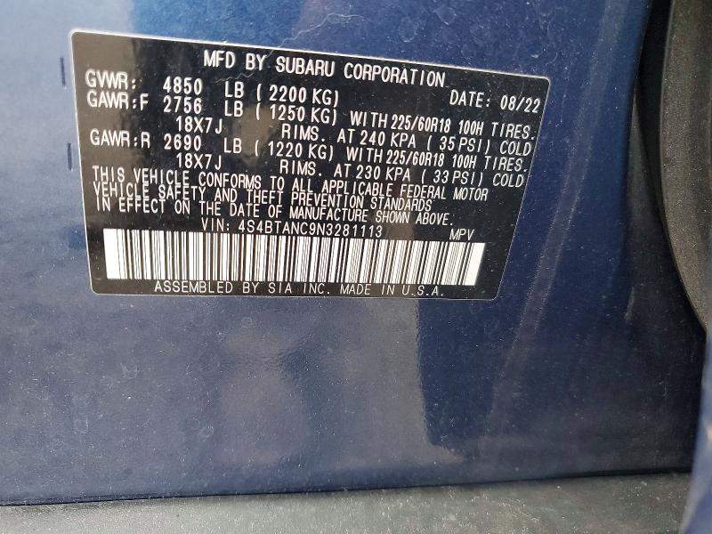 Aukcja sprzedaży 2022 Subaru Outback, vin: 4S4BTANC9N3281113, numer aukcji: 65313136