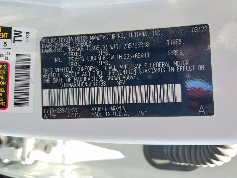Aukcja sprzedaży 2022 Toyota Highlander Hybrid, vin: 5TDHARAH0NS514198, numer aukcji: 63603616