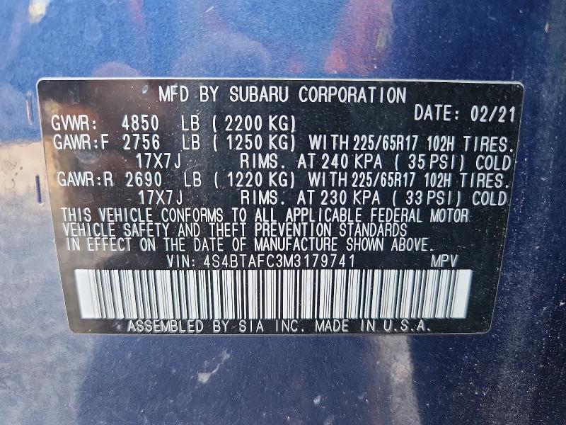 Aukcja sprzedaży 2021 Subaru Outback, vin: 4S4BTAFC3M3179741, numer aukcji: 62721386