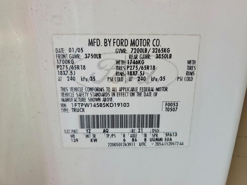 67004006 :رقم المزاد ، 1FTPW14585KD19103 vin ، 2005 Ford F150 مزاد بيع