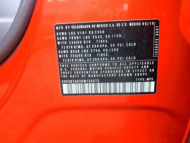 66652286 :رقم المزاد ، 3VV3B7AX2KM134473 vin ، 2019 Volkswagen Tiguan مزاد بيع