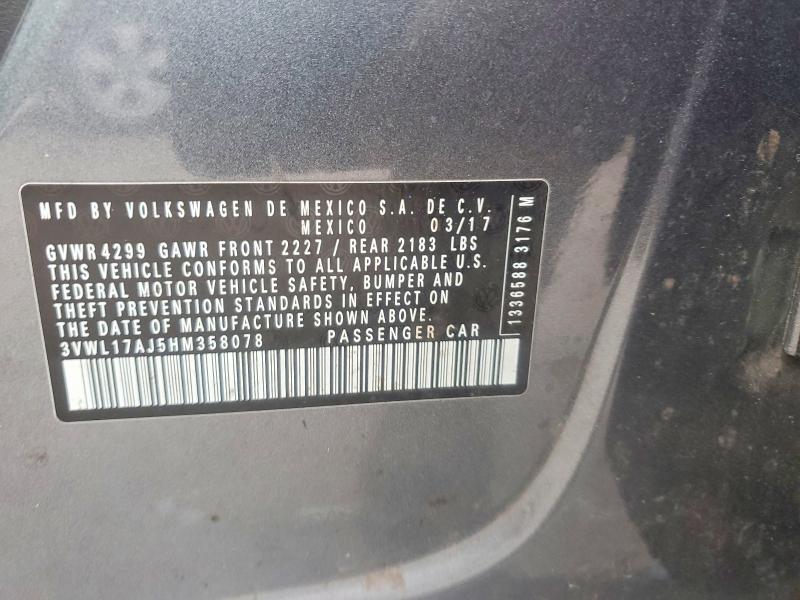 2017 Volkswagen Jetta მანქანა იყიდება აუქციონზე, vin: 3VWL17AJ5HM358078, აუქციონის ნომერი: 63924536