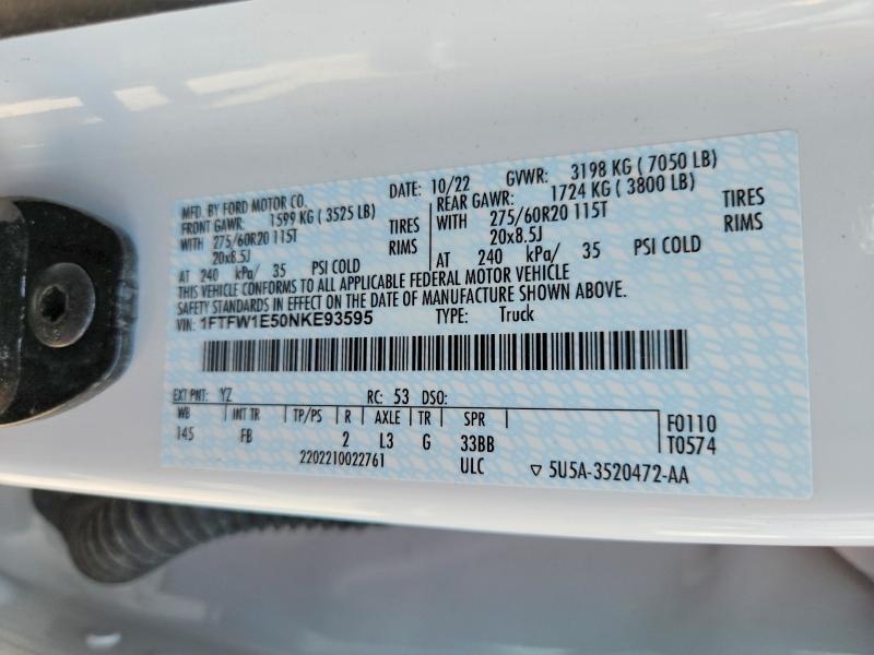 Продаж на аукціоні авто 2022 Ford F150, vin: 1FTFW1E50NKE93595, номер лоту: 65132686