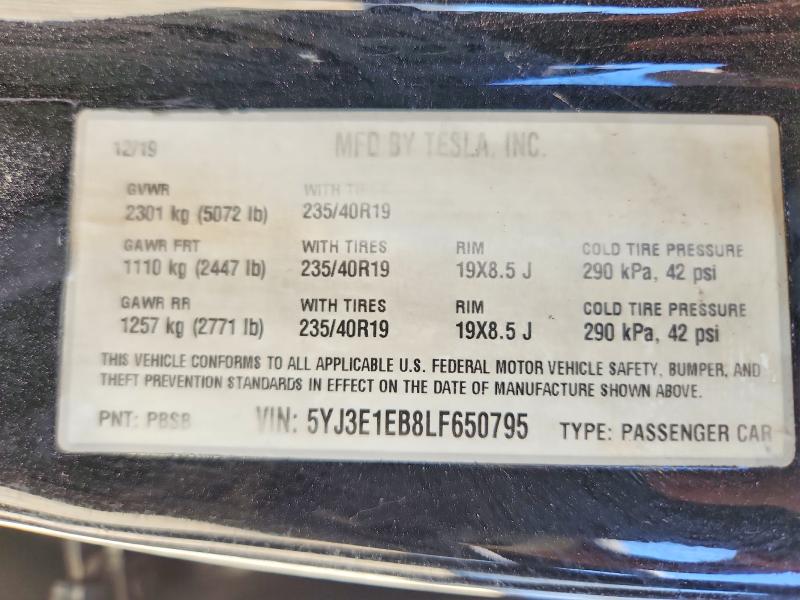Продаж на аукціоні авто 2020 Tesla Model 3, vin: 5YJ3E1EB8LF650795, номер лоту: 63423196
