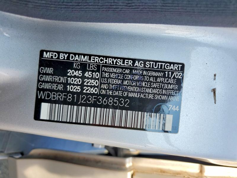 Aukcja sprzedaży 2003 Mercedes-benz C, vin: WDBRF81J23F368532, numer aukcji: 65182296