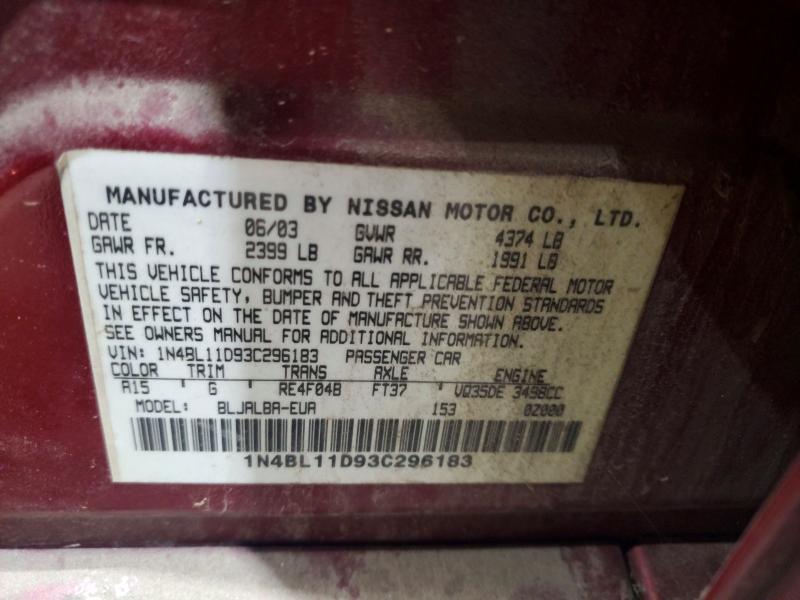 Aukcja sprzedaży 2003 Nissan Altima, vin: 1N4BL11D93C296183, numer aukcji: 63141426