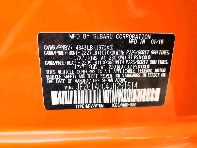 Aukcja sprzedaży 2018 Subaru Crosstrek, vin: JF2GTABC4JH291514, numer aukcji: 64798386