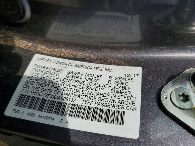 2018 Honda Accord მანქანა იყიდება აუქციონზე, vin: 1HGCV2F3XJA008132, აუქციონის ნომერი: 64146726