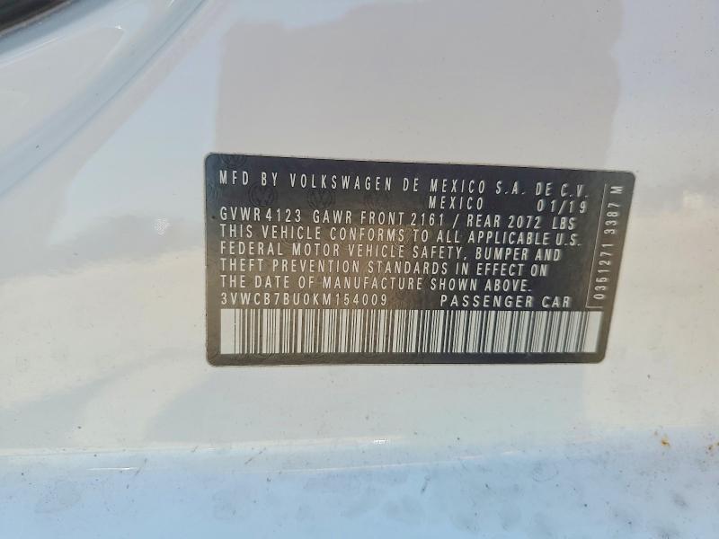 2019 Volkswagen Jetta მანქანა იყიდება აუქციონზე, vin: 3VWCB7BU0KM154009, აუქციონის ნომერი: 65642326