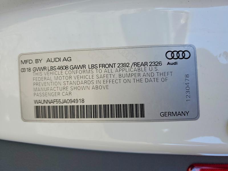 65128446 :رقم المزاد ، WAUNNAF55JA094918 vin ، 2018 Audi A5 مزاد بيع