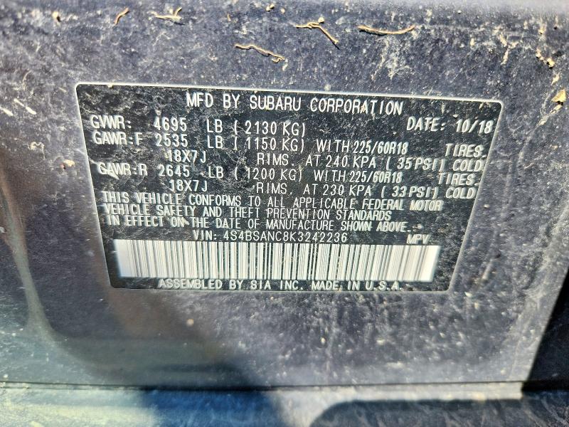 Aukcja sprzedaży 2019 Subaru Outback, vin: 4S4BSANC8K3242236, numer aukcji: 63147806