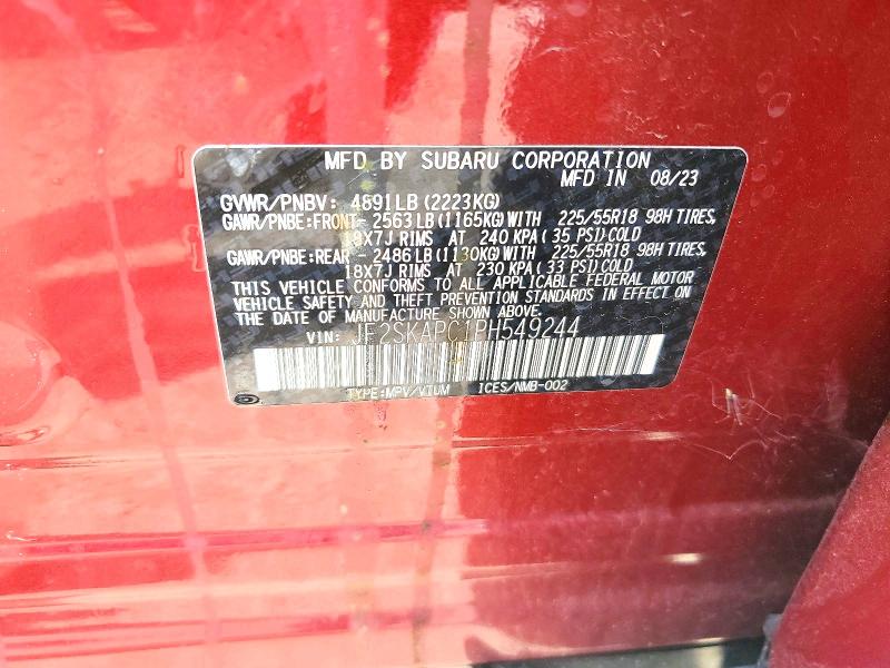 2023 Subaru Forester მანქანა იყიდება აუქციონზე, vin: JF2SKAPC1PH549244, აუქციონის ნომერი: 65007666