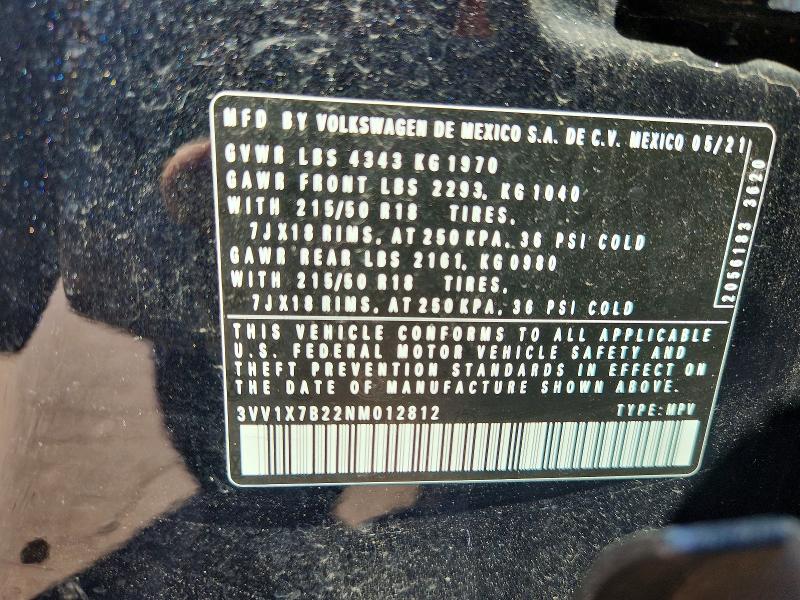 66358396 :رقم المزاد ، 3VV1X7B22NM012812 vin ، 2022 Volkswagen Taos مزاد بيع