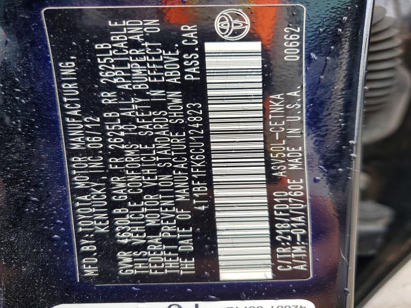 2012 Toyota Camry მანქანა იყიდება აუქციონზე, vin: 4T1BF1FK6CU124823, აუქციონის ნომერი: 63488196