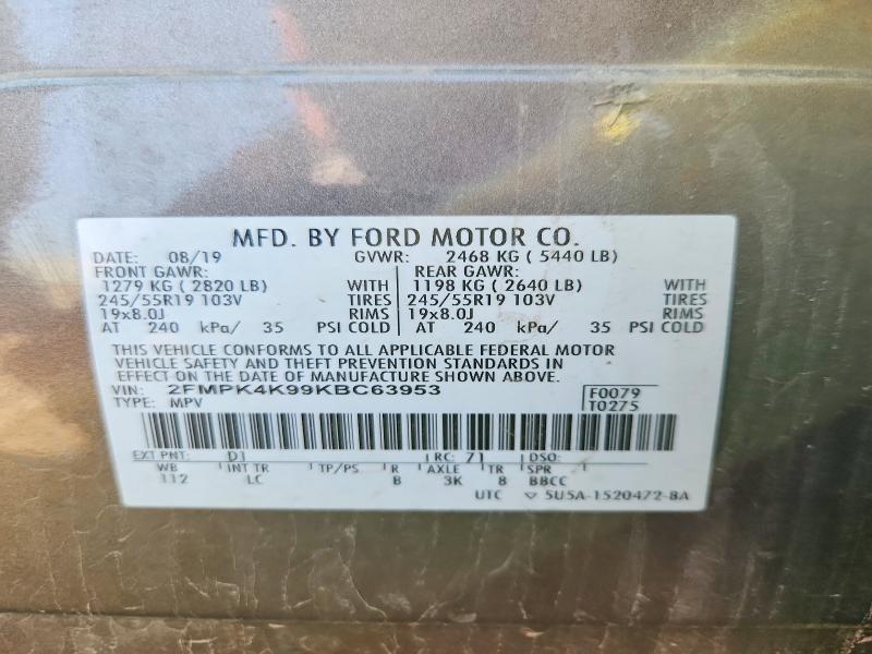 66496816 :رقم المزاد ، 2FMPK4K99KBC63953 vin ، 2019 Ford Edge مزاد بيع