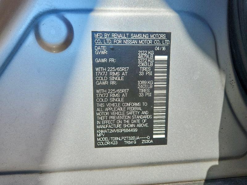64747316 :رقم المزاد ، KNMAT2MV6GP684499 vin ، 2016 Nissan Rogue مزاد بيع